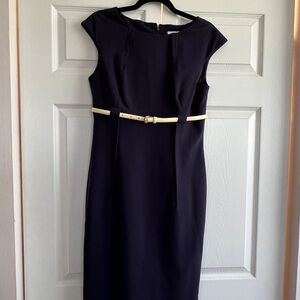 Elegant Navy Dress with Cream Belt